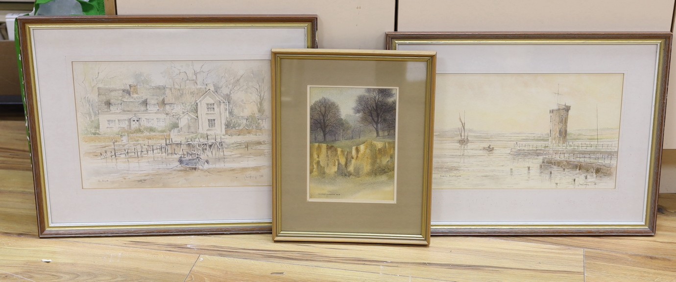 Nigel Price (1933-), watercolour, Trees above a sand quarry, signed and dated '85, 21 x 16cm and two watercolours by Terry Jeffrey of St Osyth and Brightlingsea, largest 24 x 36cm
